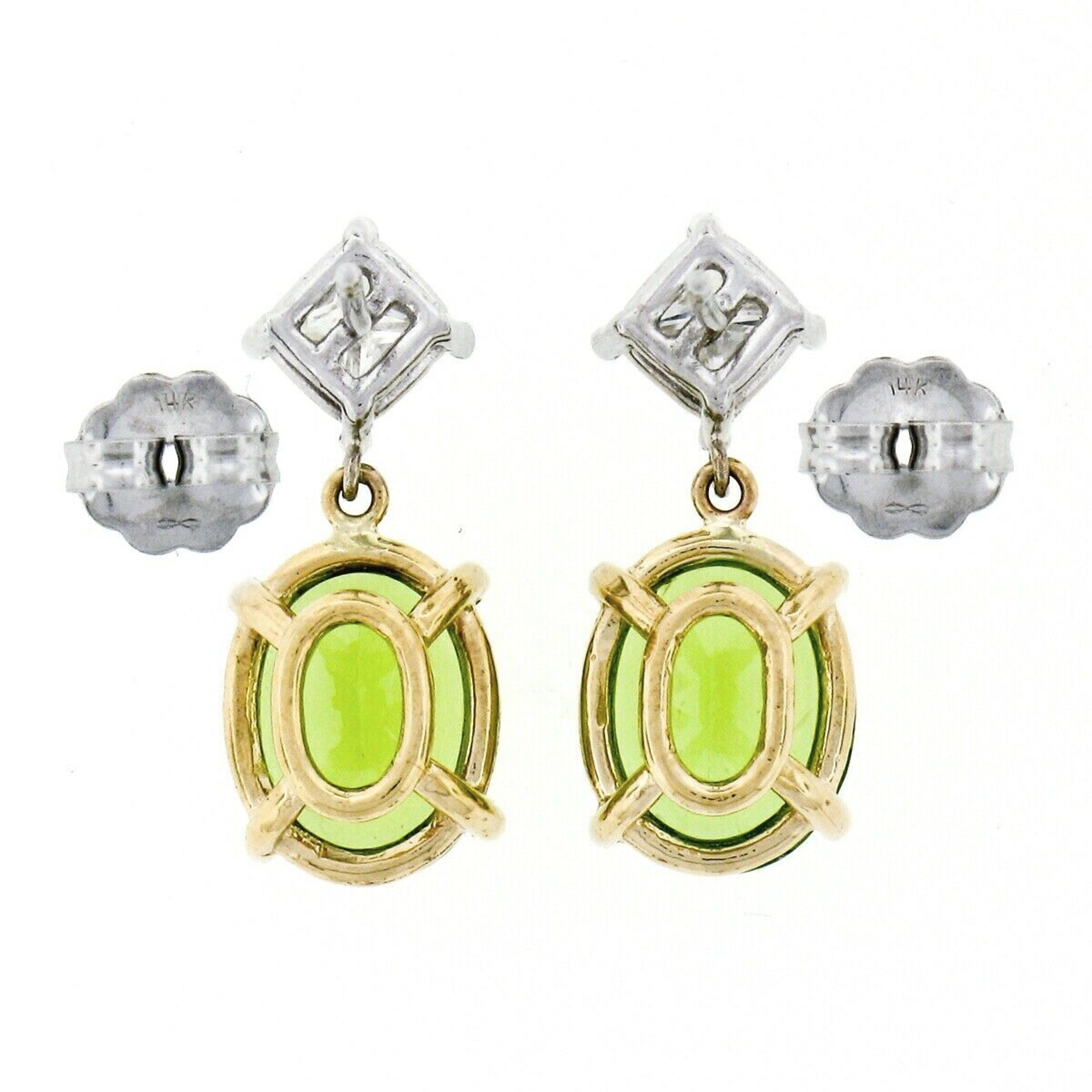 Boucles d'oreilles pendantes en or 14K TT 5.70ctw Peridot ovale Diamant taille princesse Pour femmes en vente