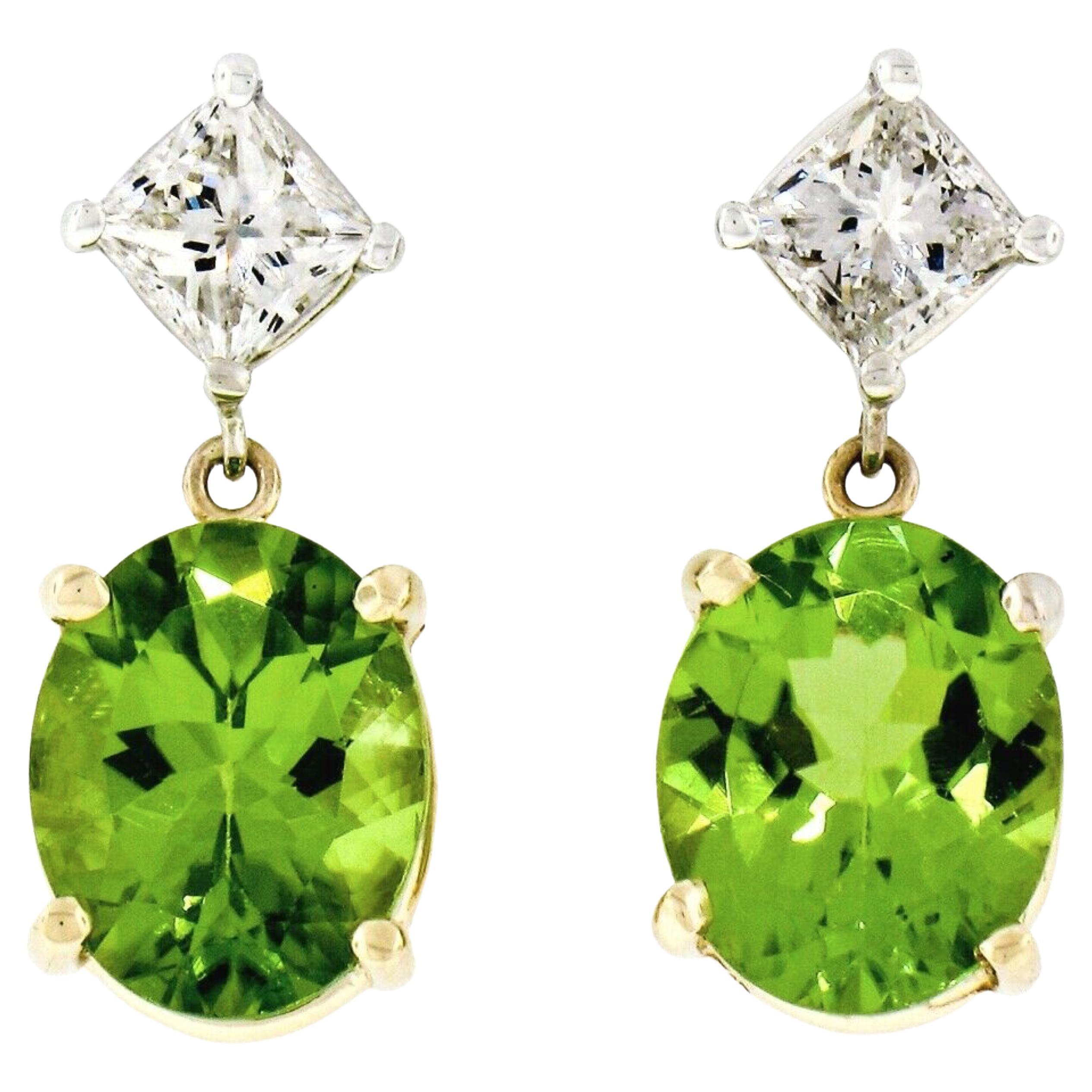 14K TT Gold 5.70ctw Oval Peridot Princess Cut Diamond Dangle Drop Earrings For Sale