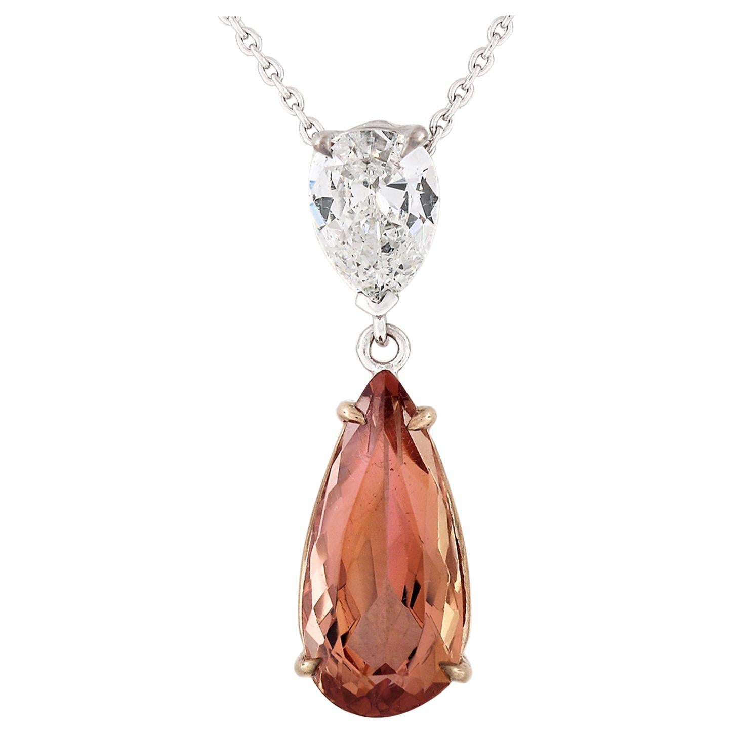 14k TT Gold GIA Pear Teardrop Orange Imperial Topaz Diamond Pendant Necklace