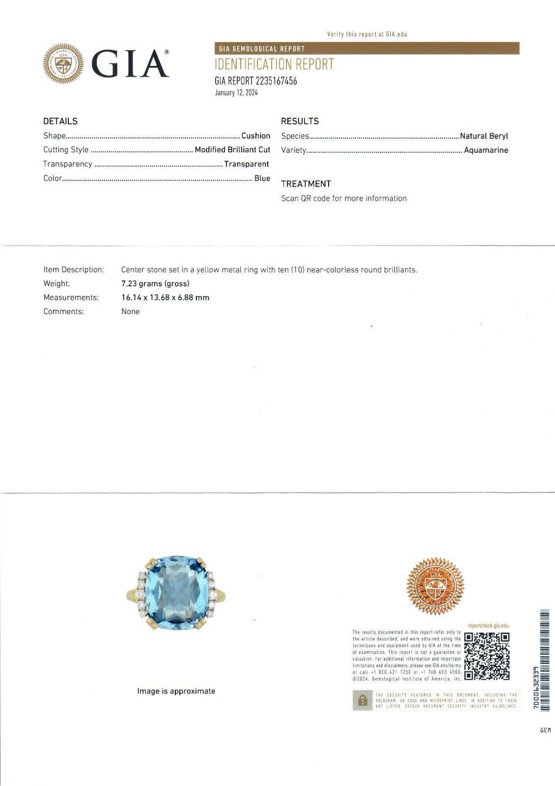 14K TT Gold Large 9.20ct GIA Cushion Aquamarine & .24ctw Diamond Cocktail Ring For Sale 6