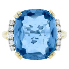 14K TT Gold Large 9.20ct GIA Cushion Aquamarine & .24ctw Diamond Cocktail Ring