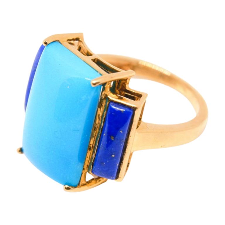 Türkis Mittelstein neben Lapislazuli in 14k Gelbgold gefasst. Größe 5.75 (beträchtlich)
