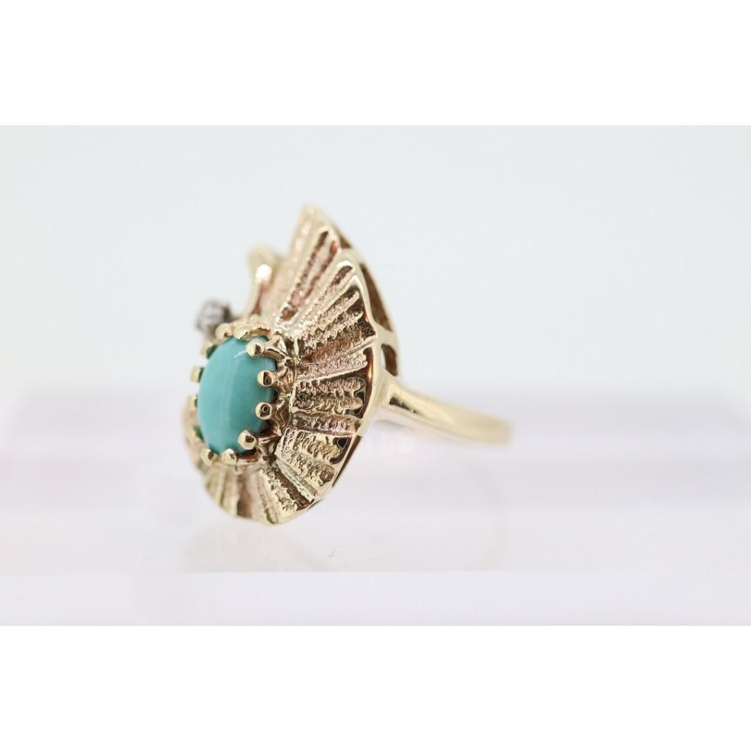 Vintage from the 1980s
Size: 5 US
Materials: Gold
Gemstone: Turquoise
Gem color: Blue

Style: Minimalist

Beautiful and FUN Cabochon turquoise 14k Ring with diamond accent.

Ring Made in a Form of a Teardrop.

Condition: Shows limited signs of