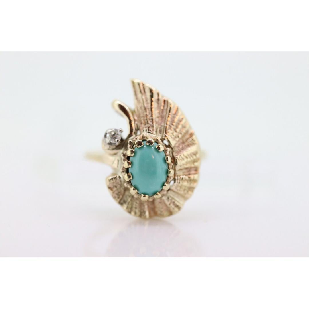 14k Turquoise Cabochon and Diamond Ring. 14k Aquamarine Turquoise Diamond DROP In Good Condition In Port Charlotte, FL