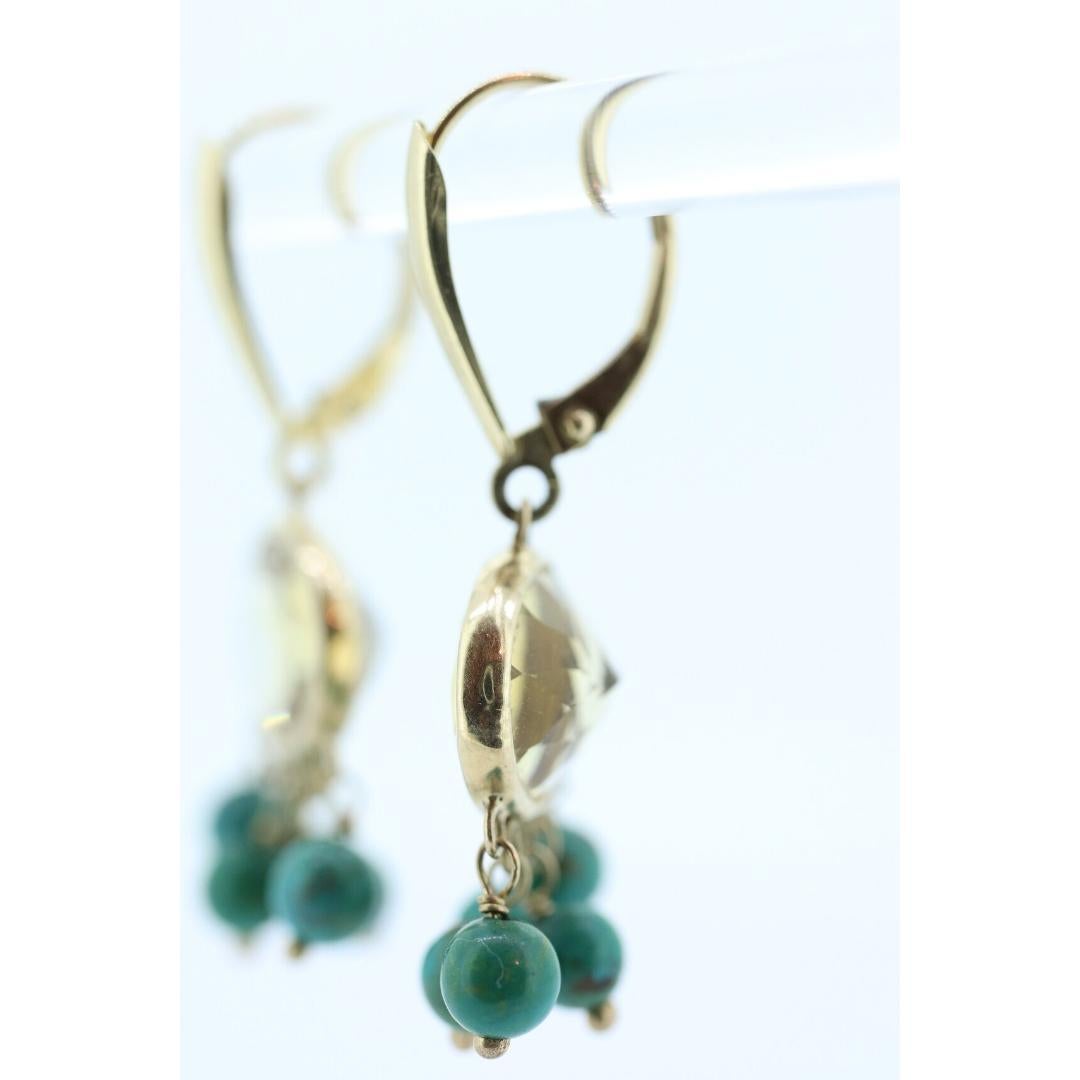 14k Turquoise Citrine dangle earrings Set. Turquoise Citrine Bezel Earrings. In Good Condition For Sale In Port Charlotte, FL