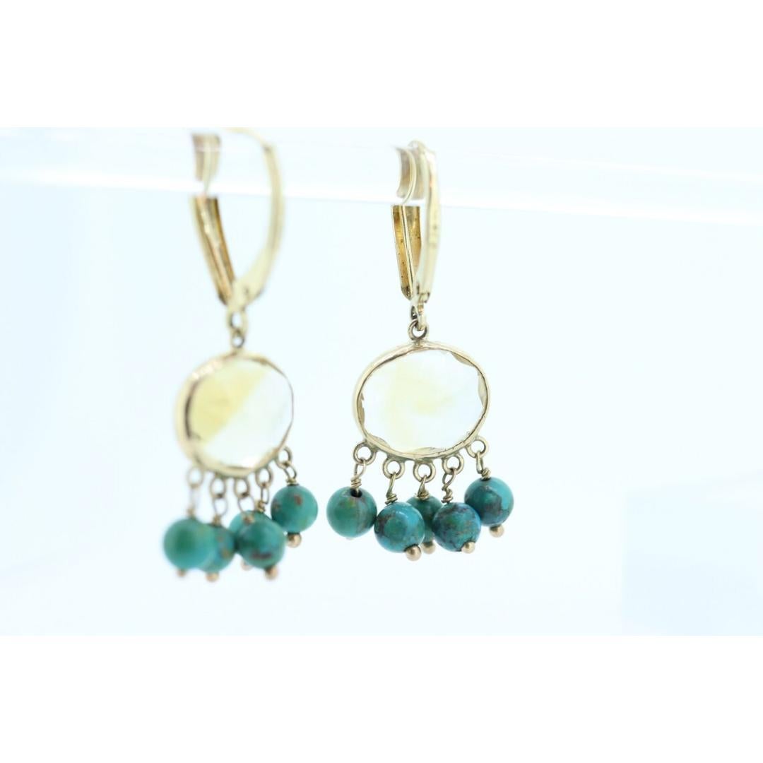 Women's 14k Turquoise Citrine dangle earrings Set. Turquoise Citrine Bezel Earrings. For Sale