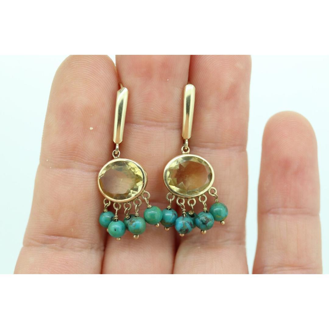 14k Turquoise Citrine dangle earrings Set. Turquoise Citrine Bezel Earrings. For Sale 2