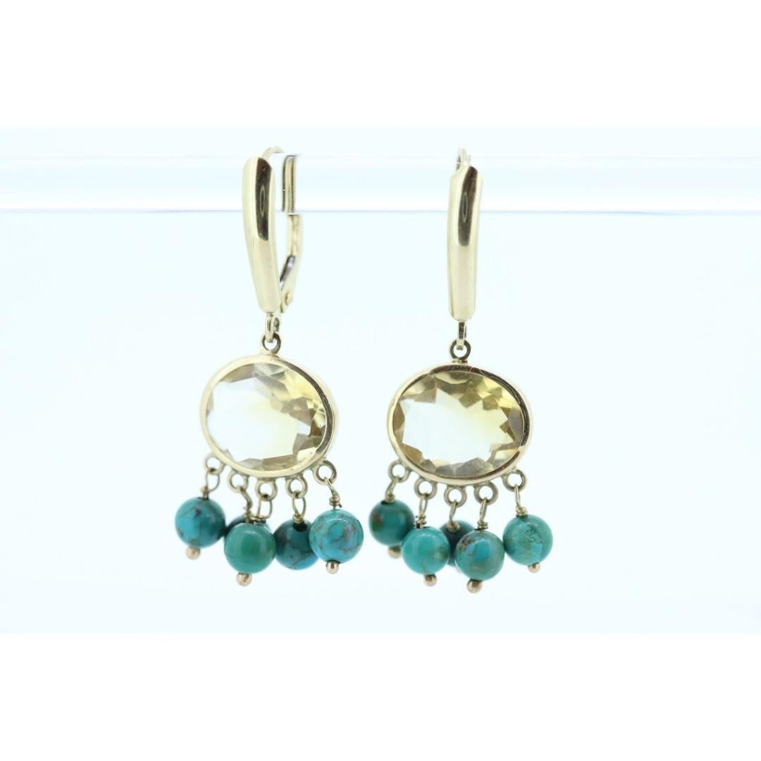14k Turquoise Citrine dangle earrings Set. Turquoise Citrine Bezel Earrings. For Sale 3