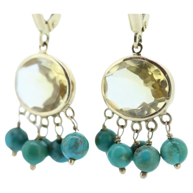 14k Turquoise Citrine dangle earrings Set. Turquoise Citrine Bezel Earrings.