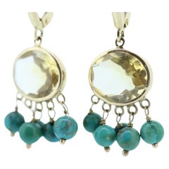 Boucles d'oreilles pendantes 14k Turquoise Citrine Set. Boucles d'oreilles Turquoise Citrine Bezel.