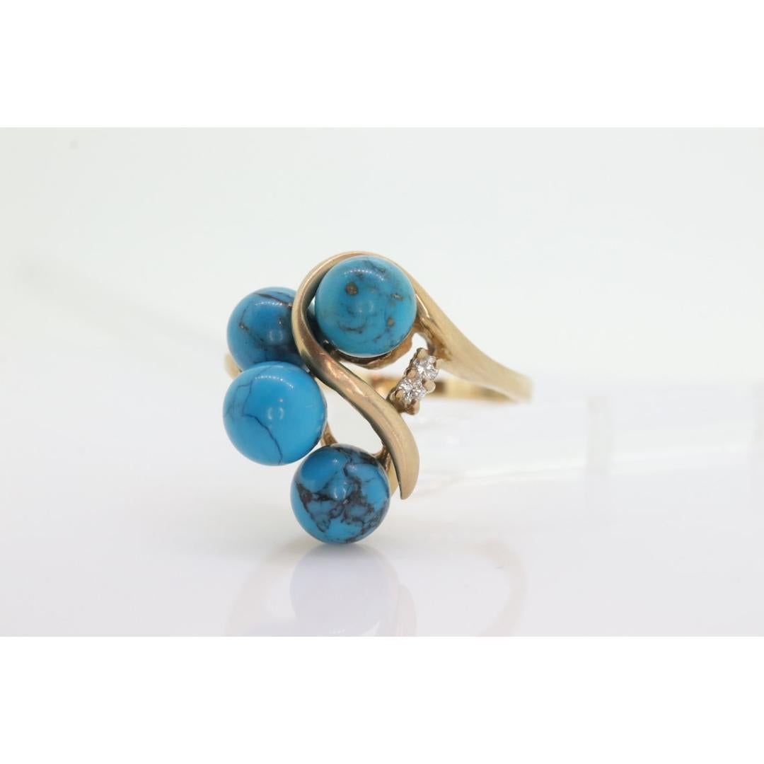 14k Türkis-Diamant-Cluster-Ring. Bypass Türkis Perlenkugel-Kugel-Cluster im Angebot 2
