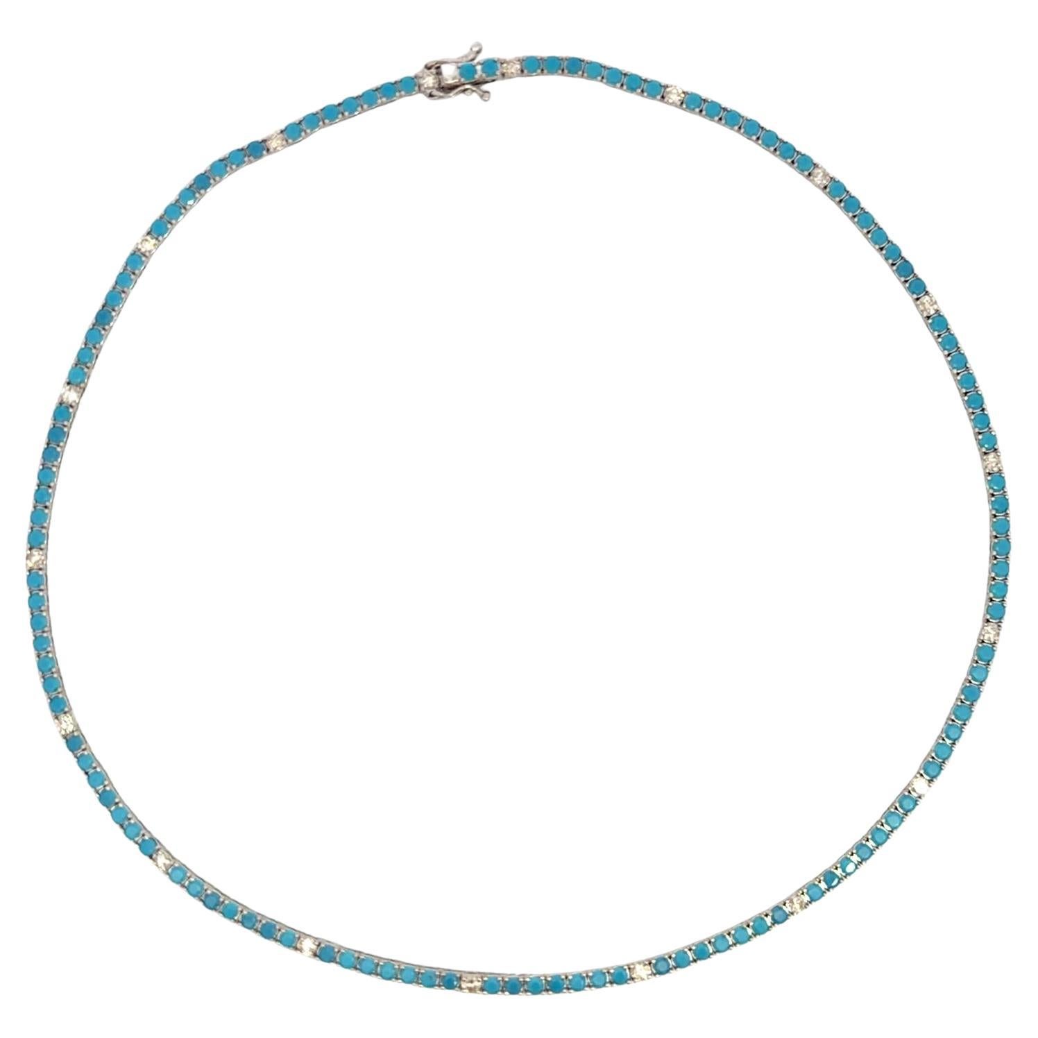 14k Turquoise Diamond Tennis Necklace For Sale