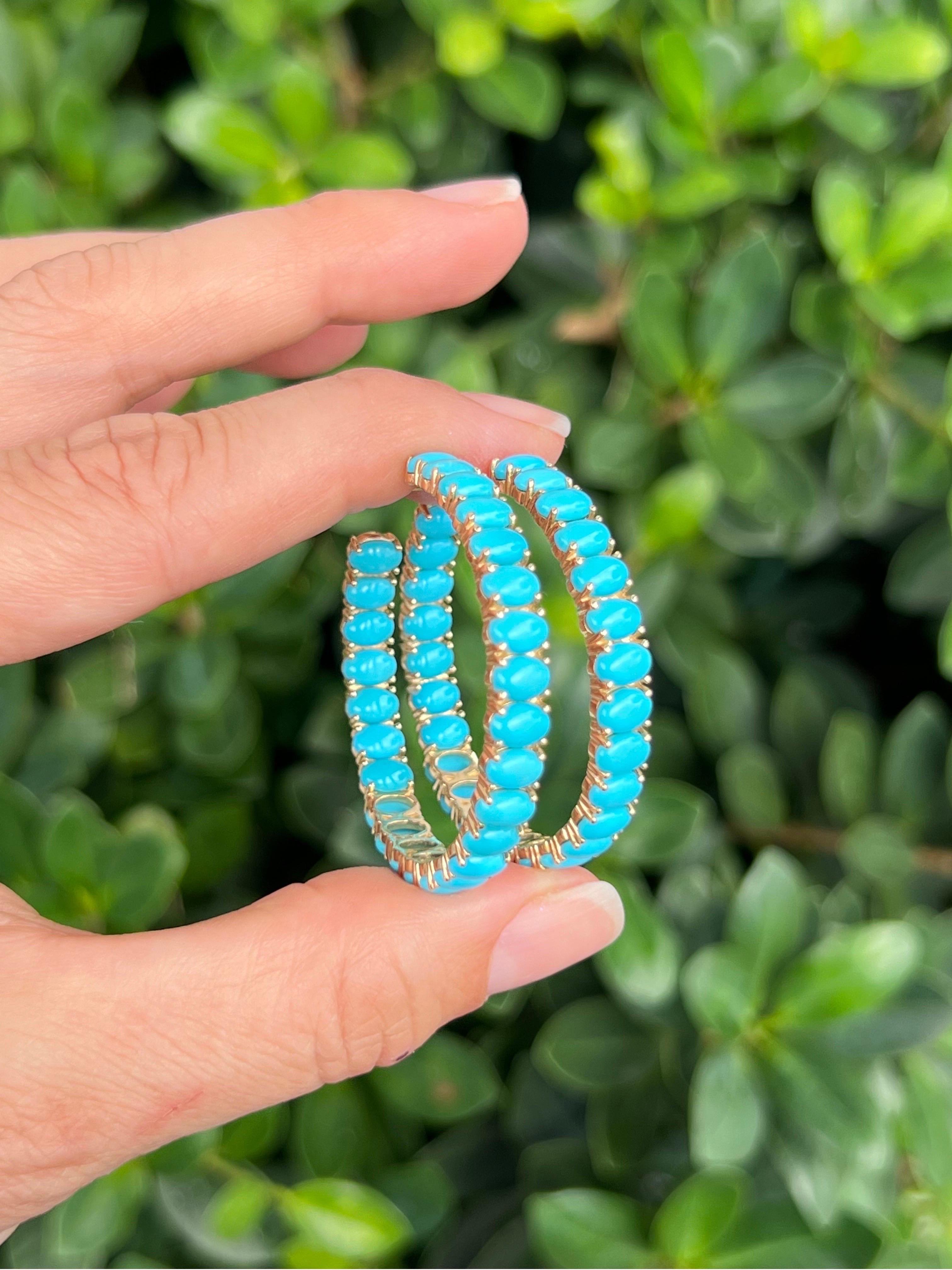 Cabochon 14K Turquoise Hoop Earrings For Sale