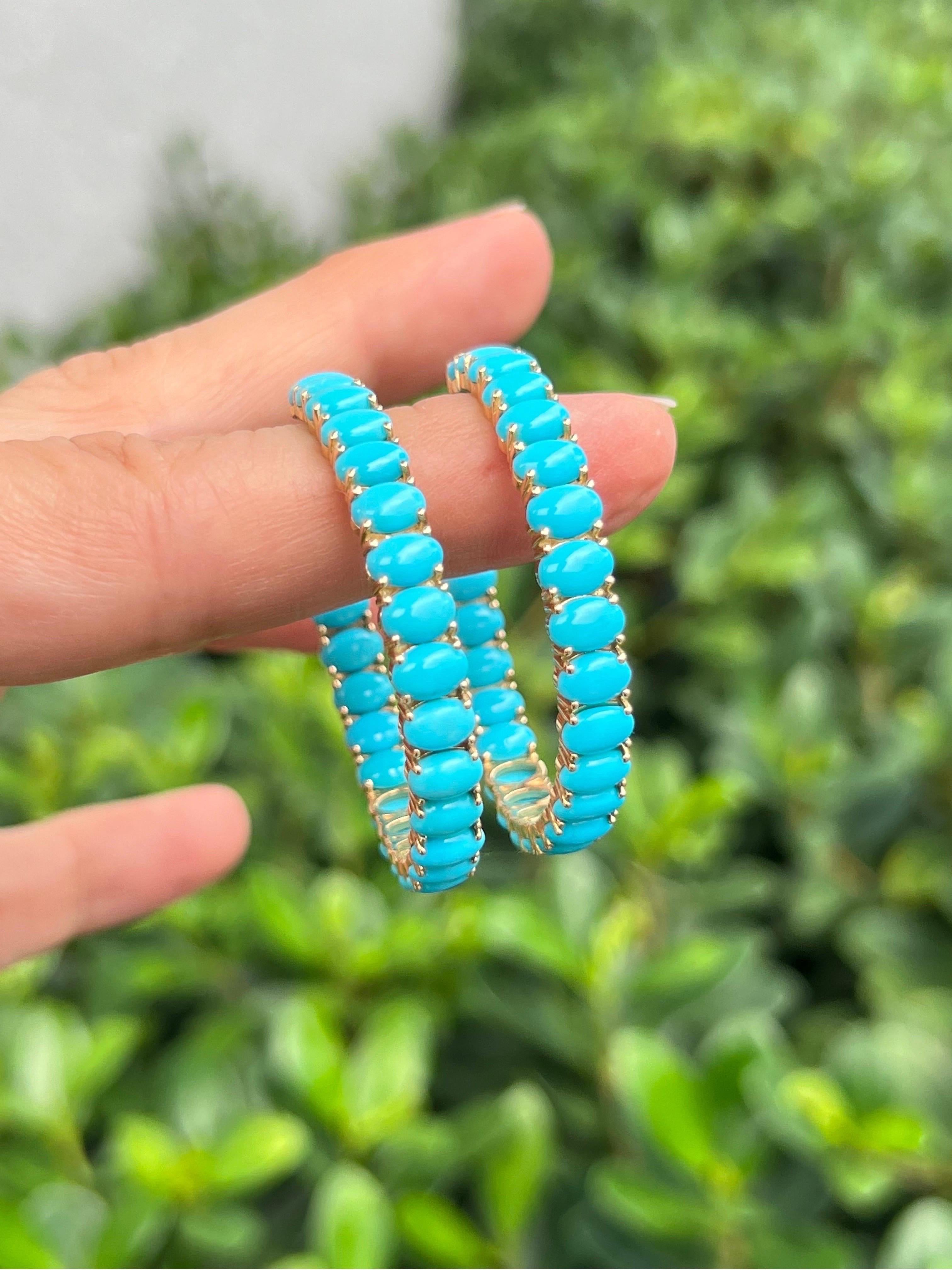 14K Turquoise Hoop Earrings In New Condition For Sale In Miami, FL