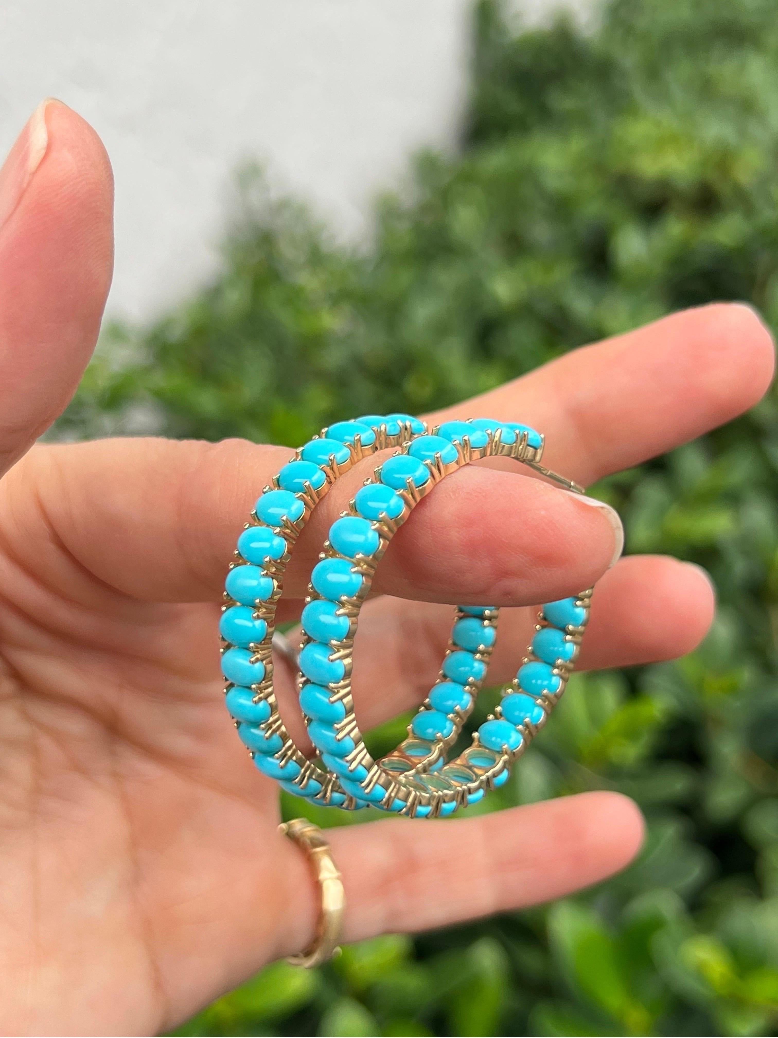 Women's 14K Turquoise Hoop Earrings For Sale