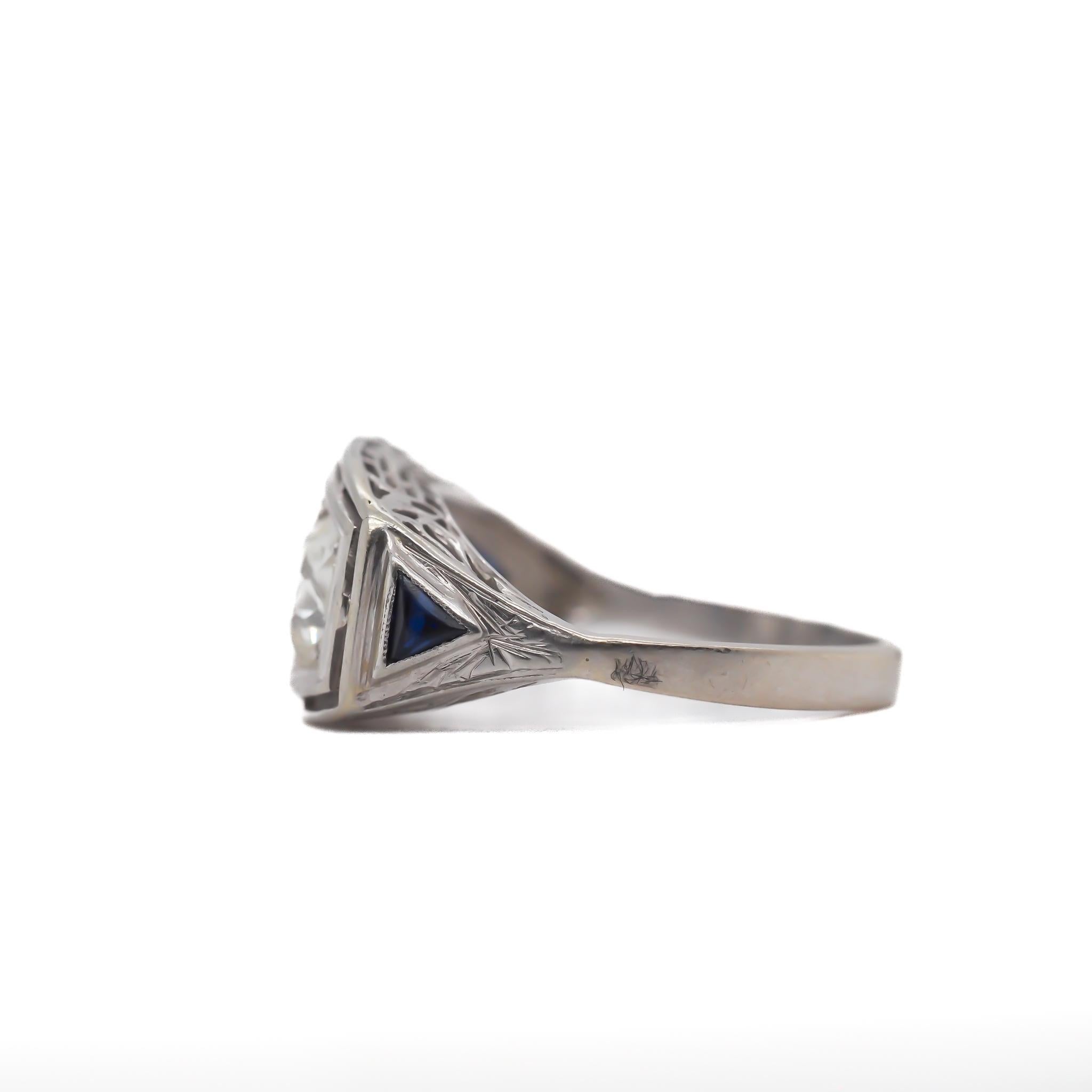 14K Two Old Miner Cut Diamond Engagement Ring with Sapphires and Filigree In Good Condition For Sale In Hicksville, NY