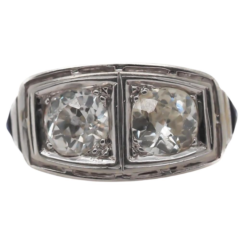 14K Two Old Miner Cut Diamond Engagement Ring with Sapphires and Filigree
