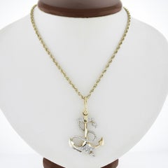 14K Two Tone 0.26ctw Diamond Large 3D Anchor Pendant On 22" Rope Link Necklace