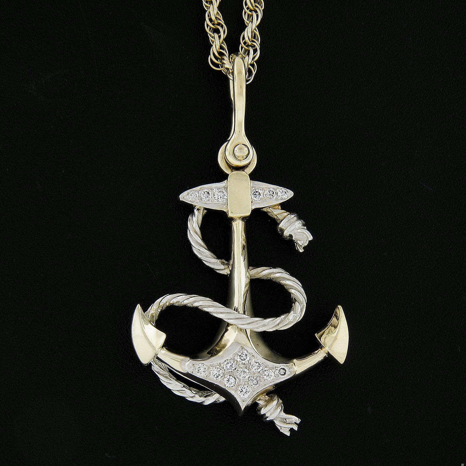 14K Two Tone 0.26ctw Diamond Large 3D Anchor Pendant On 22