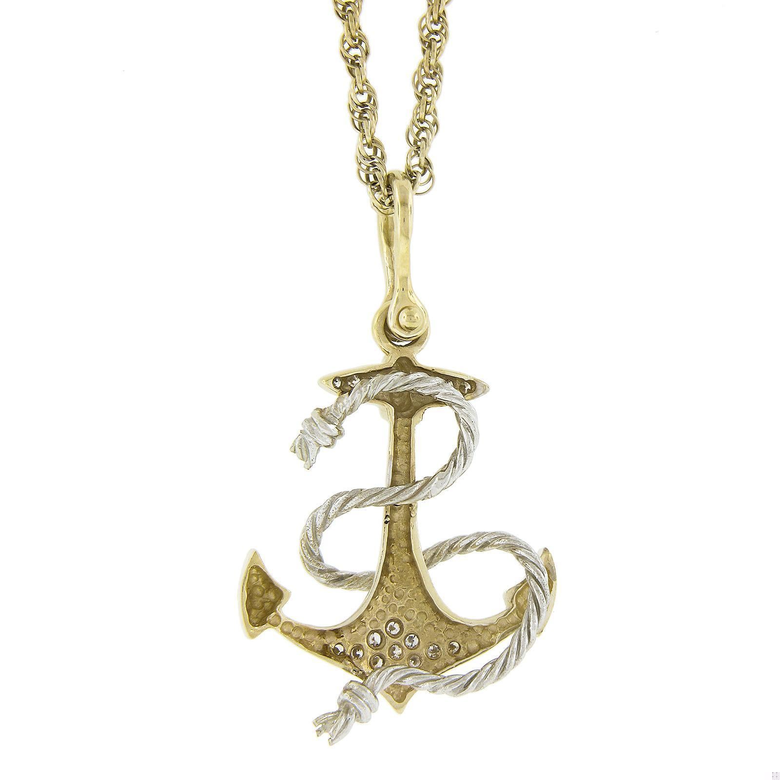 14K Two Tone 0.26ctw Diamond Large 3D Anchor Pendant On 22