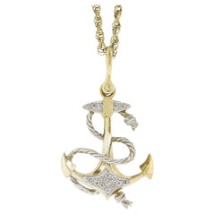 14K Two Tone 0.26ctw Diamond Large 3D Anchor Pendant On 22" Rope Link Necklace