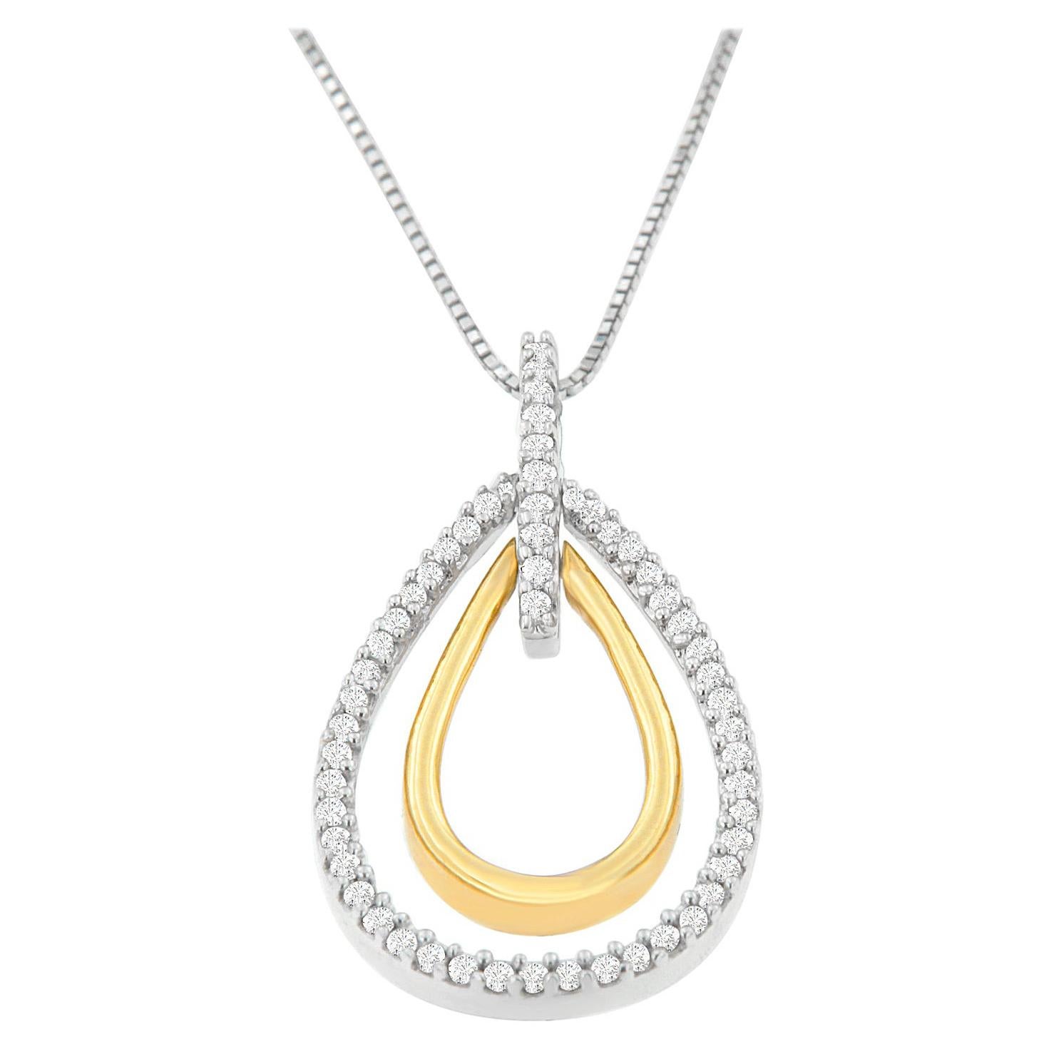 14K Two-Tone 1/4 Carat Round Cut Diamond Double Burst Pendant Necklace For Sale