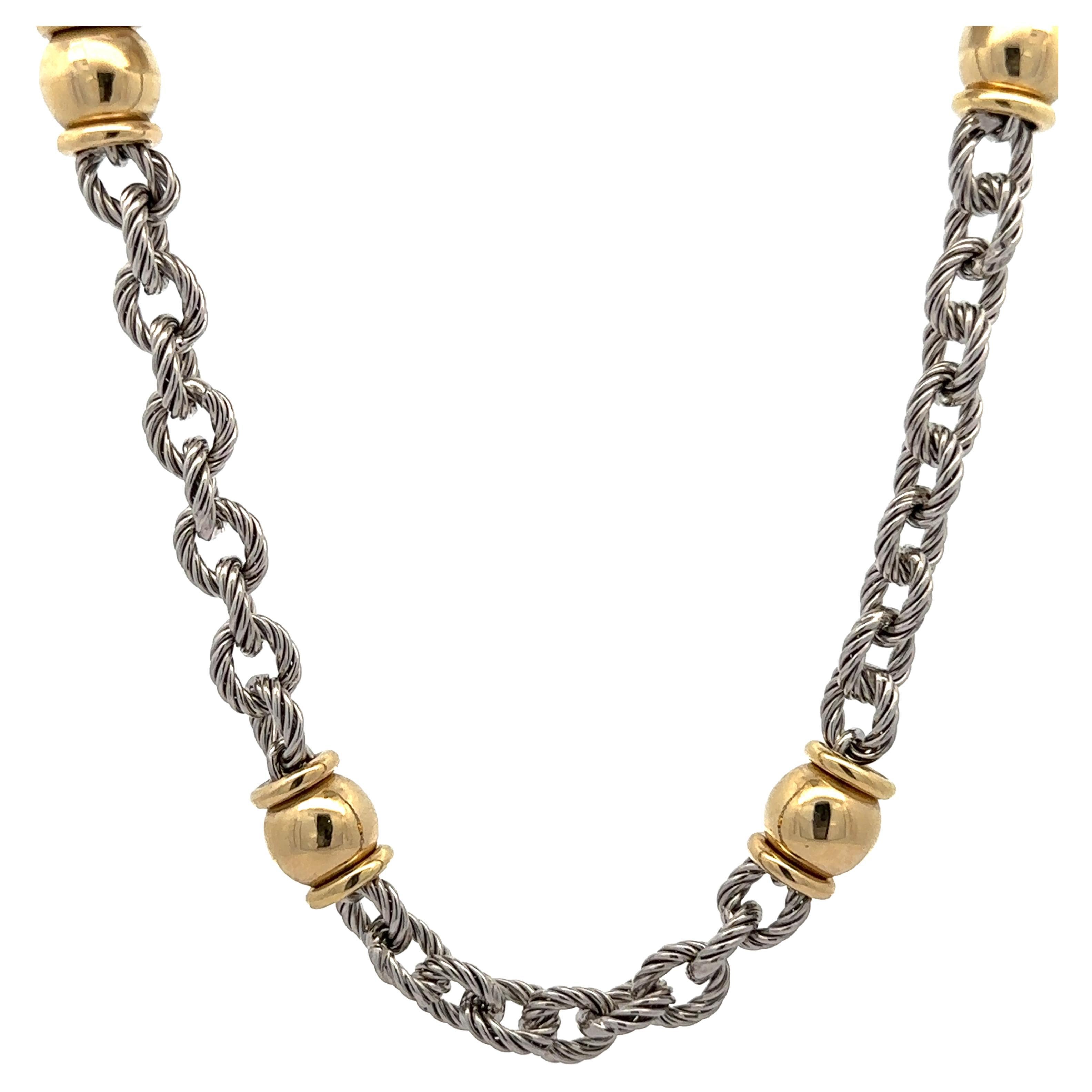 14k Two Tone 18" Twisted Cable Link Alternated Polished Sections Necklace