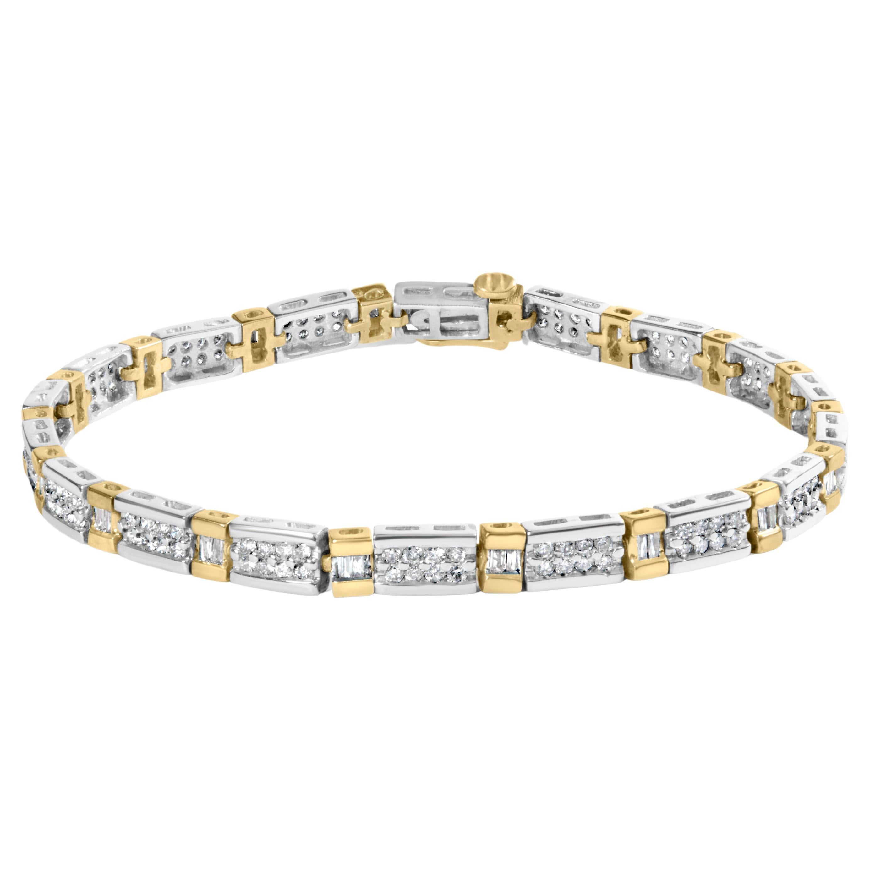 14K Two-Tone 2.00 Carat Round-Cut and Baguette-Cut Diamond Bar Link 7" Bracelet For Sale