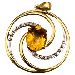 14k Two-Tone 2.65 Carat  Gold Citrine and Diamond Swirl Circle Pendant Necklace