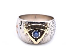 14 Karat Two-Tone Blue Sapphire Masonic Ring