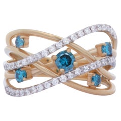 14K Two Tone Bypass Yellow and White Gold Round Blue Diamond Fashion Ring