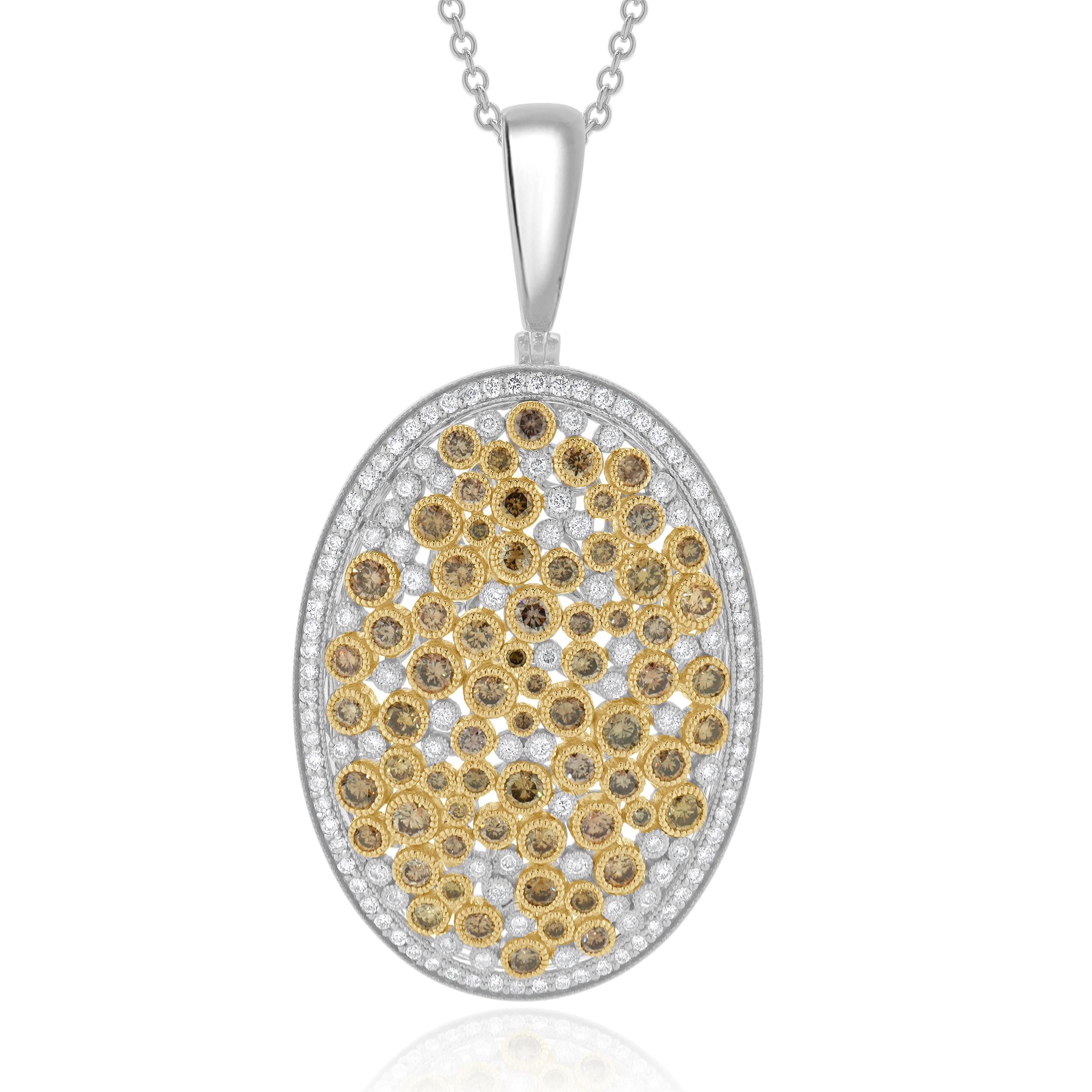 Designer: personalizzato
Materiale: Oro 14K bicolore
Diamanti: Diamanti tondi brillanti color cioccolato e bianchi= 3,35cttw
Colore: G-H
Chiarezza:VS-SI1
Dimensioni: la collana misura 16 pollici di lunghezza 
Peso: 13,76 grammi