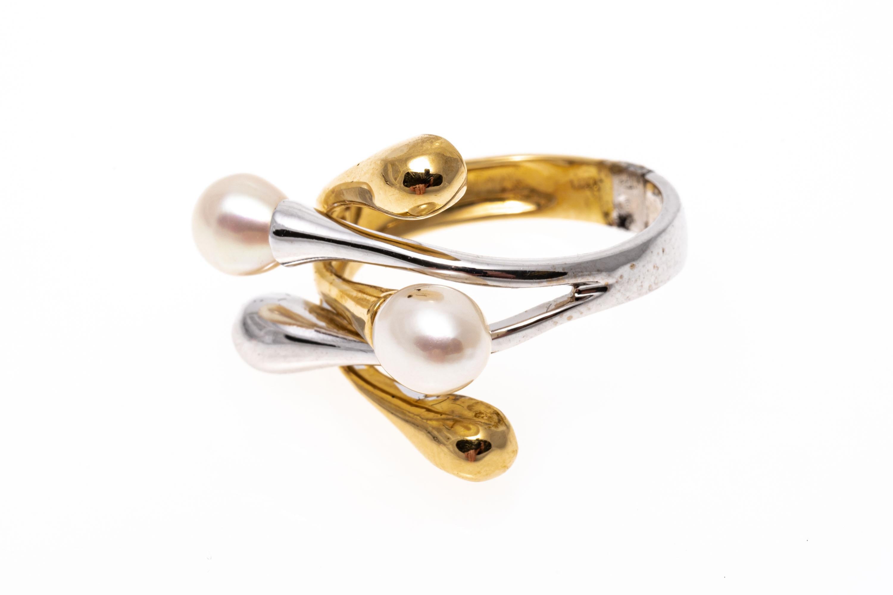 14k Two Tone Contemporary Branching Cultured Freshwater Pearl Ring In Good Condition For Sale In Southport, CT