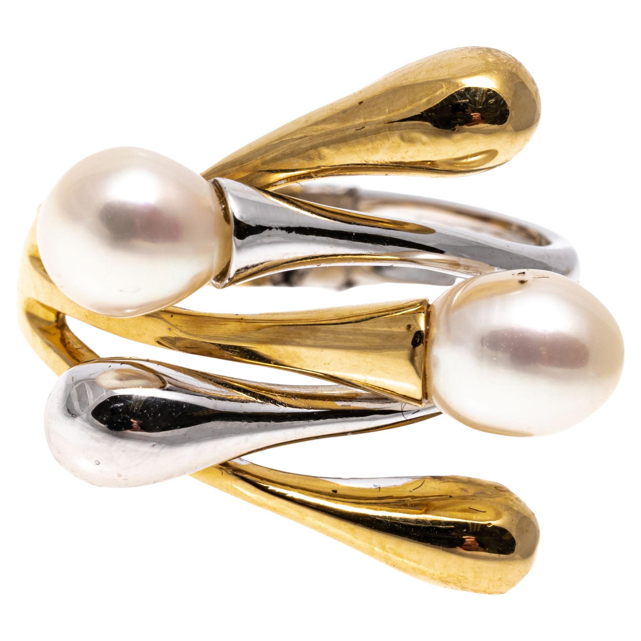 14k Two Tone Contemporary Branching Cultured Freshwater Pearl Ring For Sale