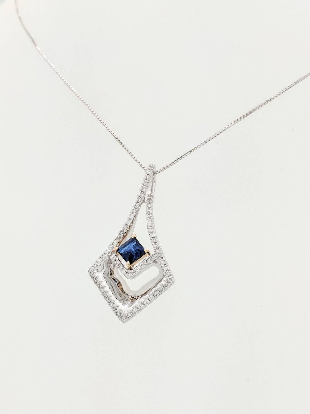 Princess Cut 14 Karat Two-Tone Diamond and Sapphire Pendant Necklace