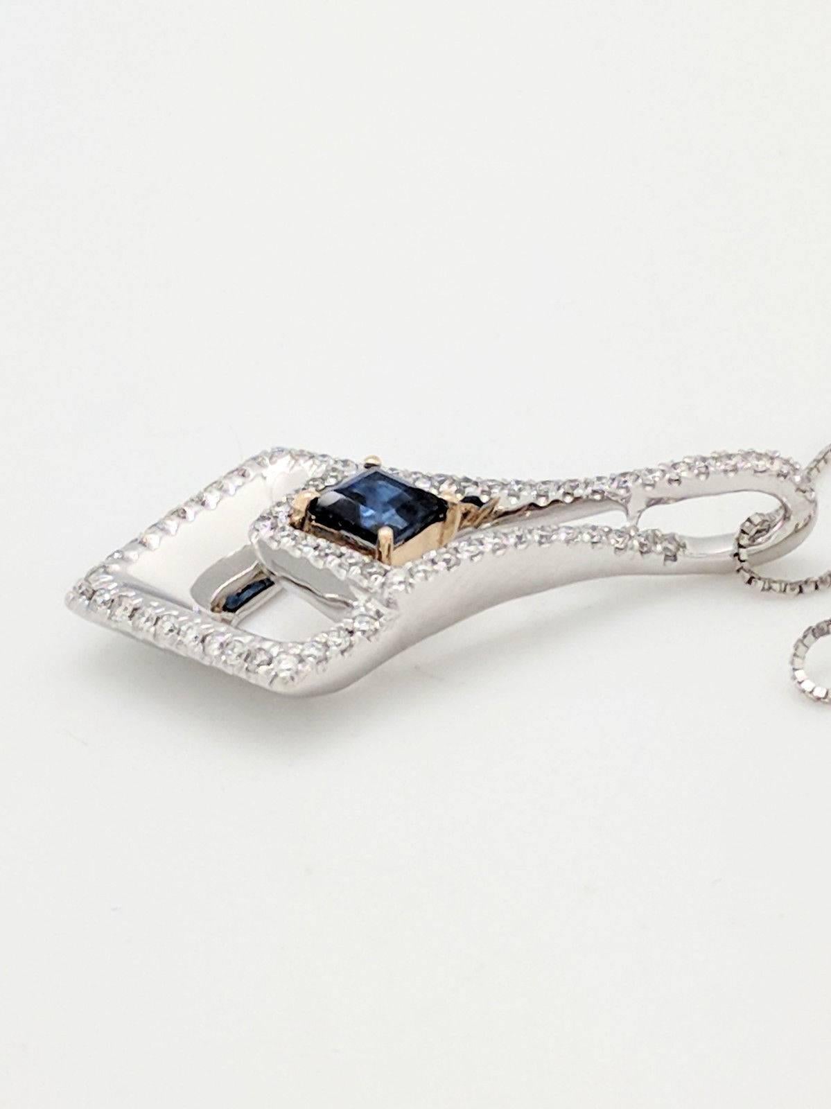 Women's or Men's 14 Karat Two-Tone Diamond and Sapphire Pendant Necklace