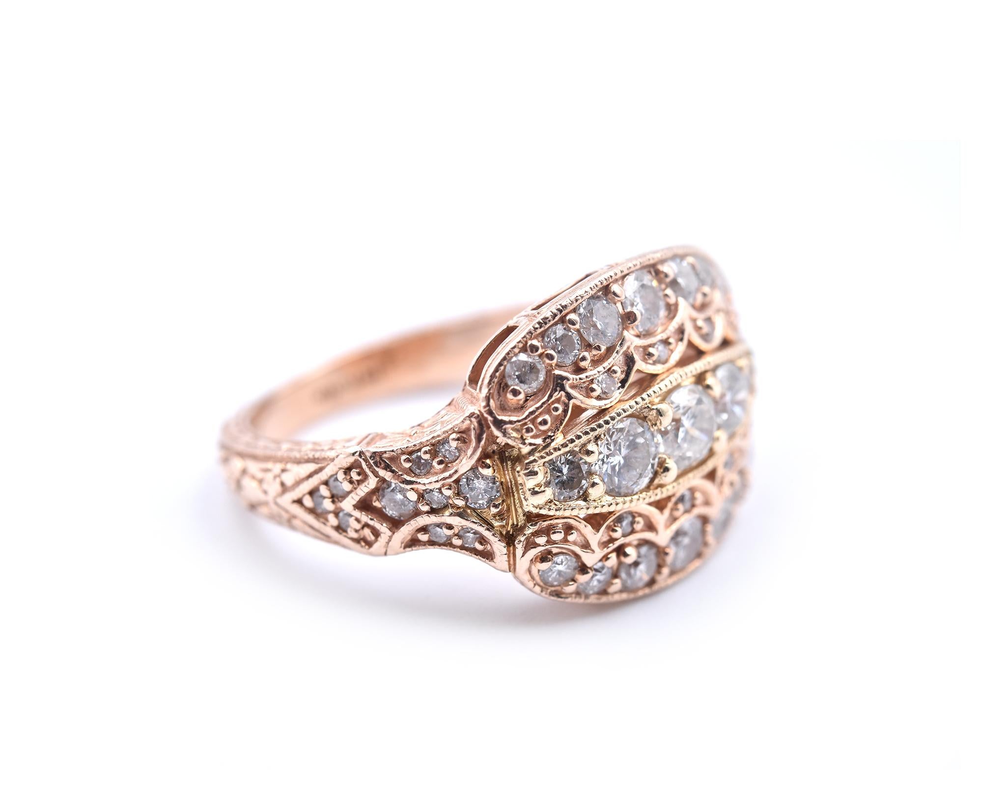 Designer: custom design
Material: 14k yellow and rose gold
Diamonds: 45 round brilliant cut= 1.33cttw
Color: G-H
Clarity: SI2
Ring Size: 6 ¼ (please allow two additional shipping days for sizing requests)
Dimensions: ring top is approximately