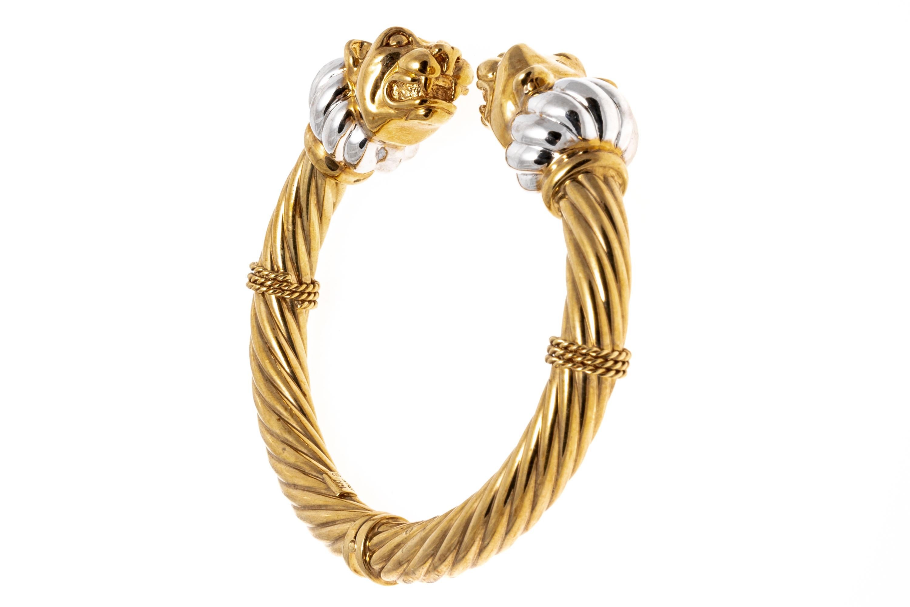 14k Two-Tone Facing Panther Head Twisted Hinged Cuff Bracelet In Good Condition In Fairfield, CT