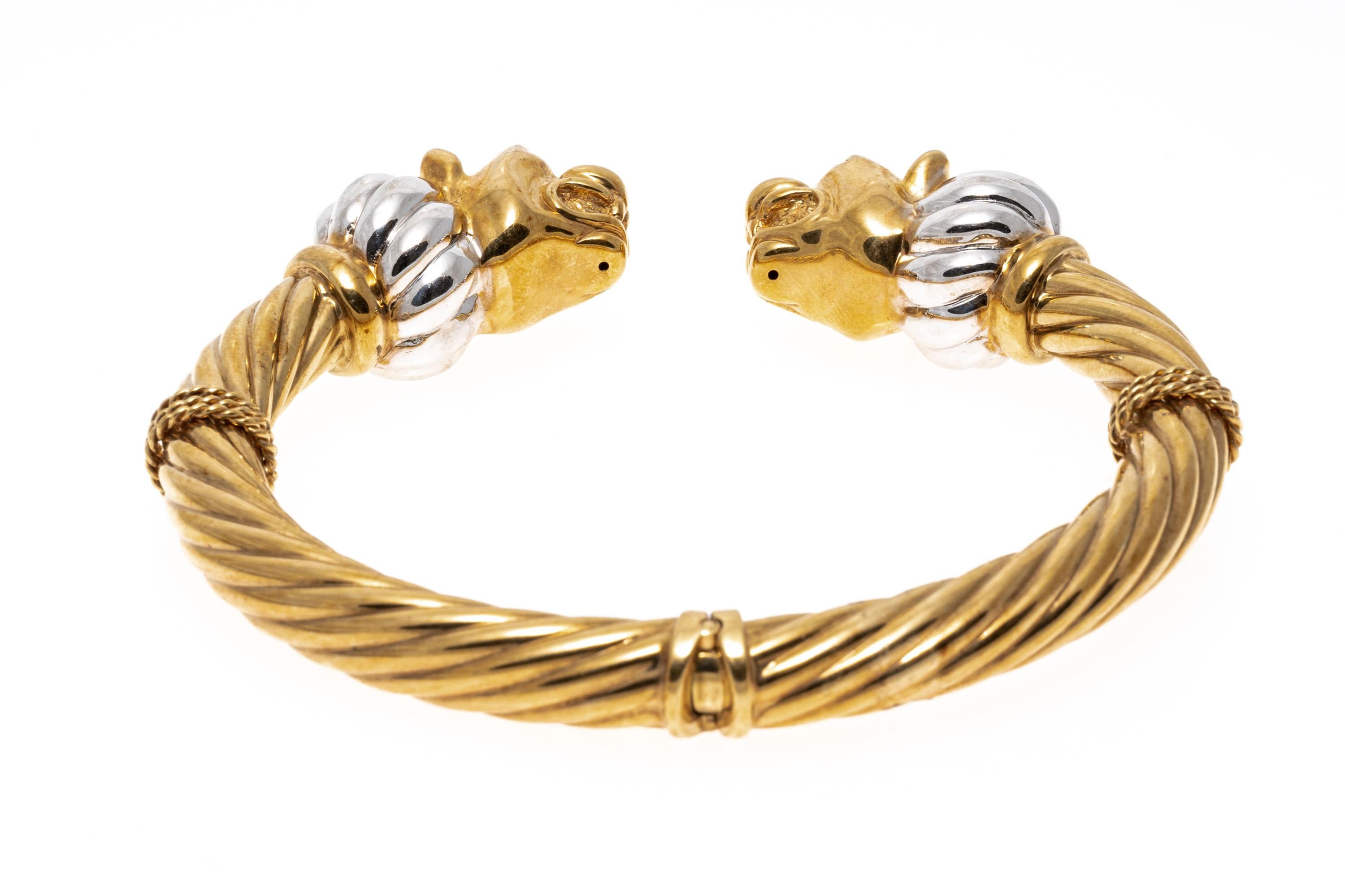14k Two-Tone Facing Panther Head Twisted Hinged Cuff Bracelet 3