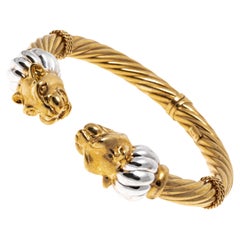 14k Two-Tone Facing Panther Head Twisted Hinged Cuff Bracelet
