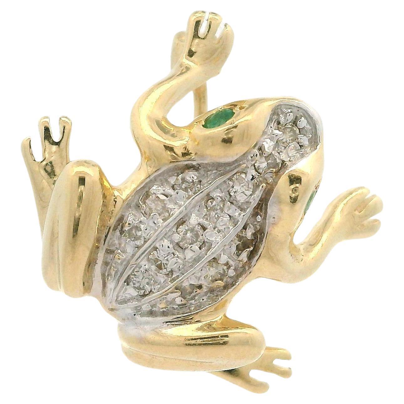 14k Two Tone Gold 0.15ctw Diamond & Emerald Detailed Frog Pin Brooch