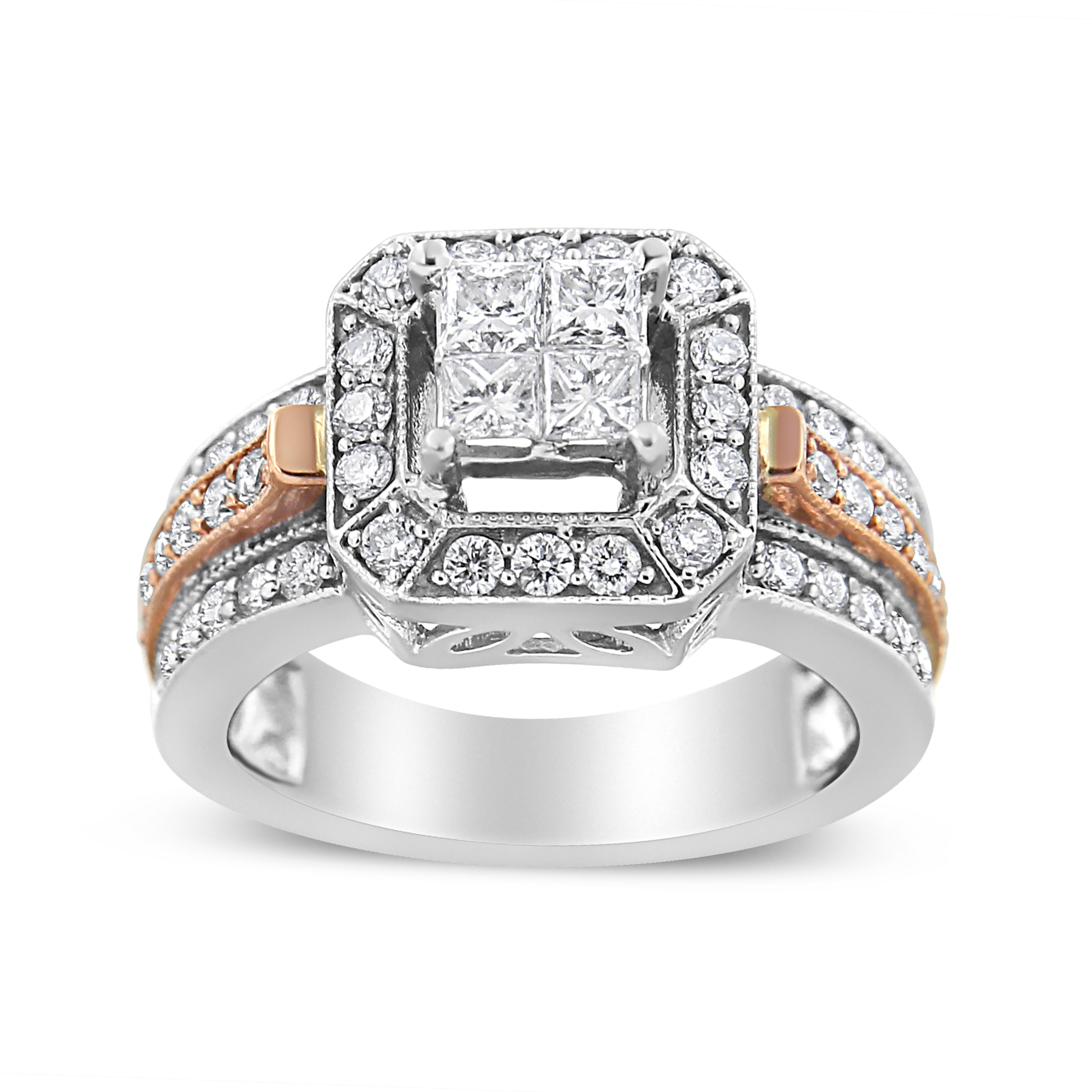 This intricately designed cocktail ring has a composite design that shines with 1 1/8 cttw of natural diamonds. A cluster of 4 princess-cut diamonds sits at the center of this piece, and is flanked by a separated halo of round-cut diamonds. The 14k