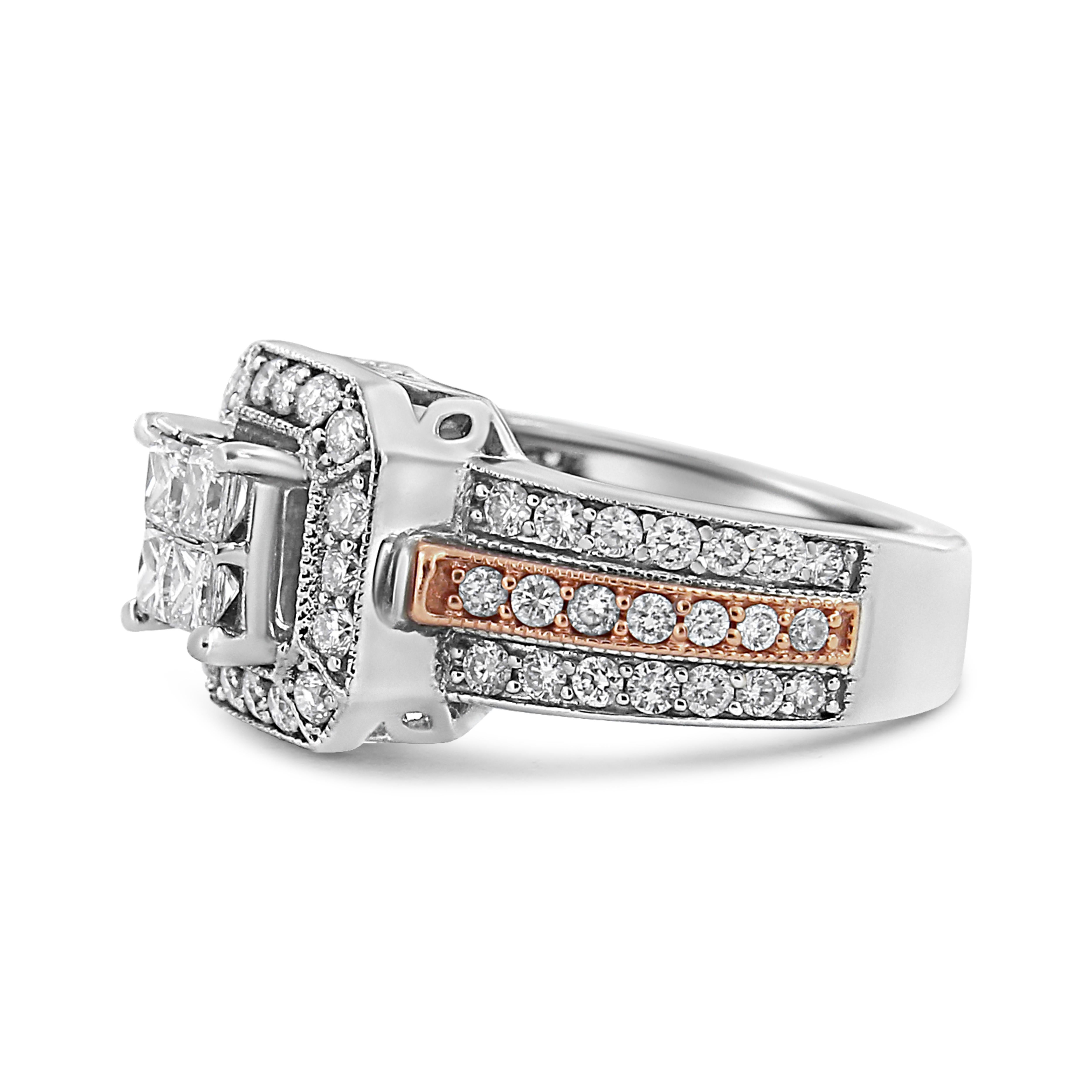 Modern 14K Two-Tone Gold 1 1/8 Cttw Diamond Art Deco Triple Shank Halo Cocktail Ring For Sale