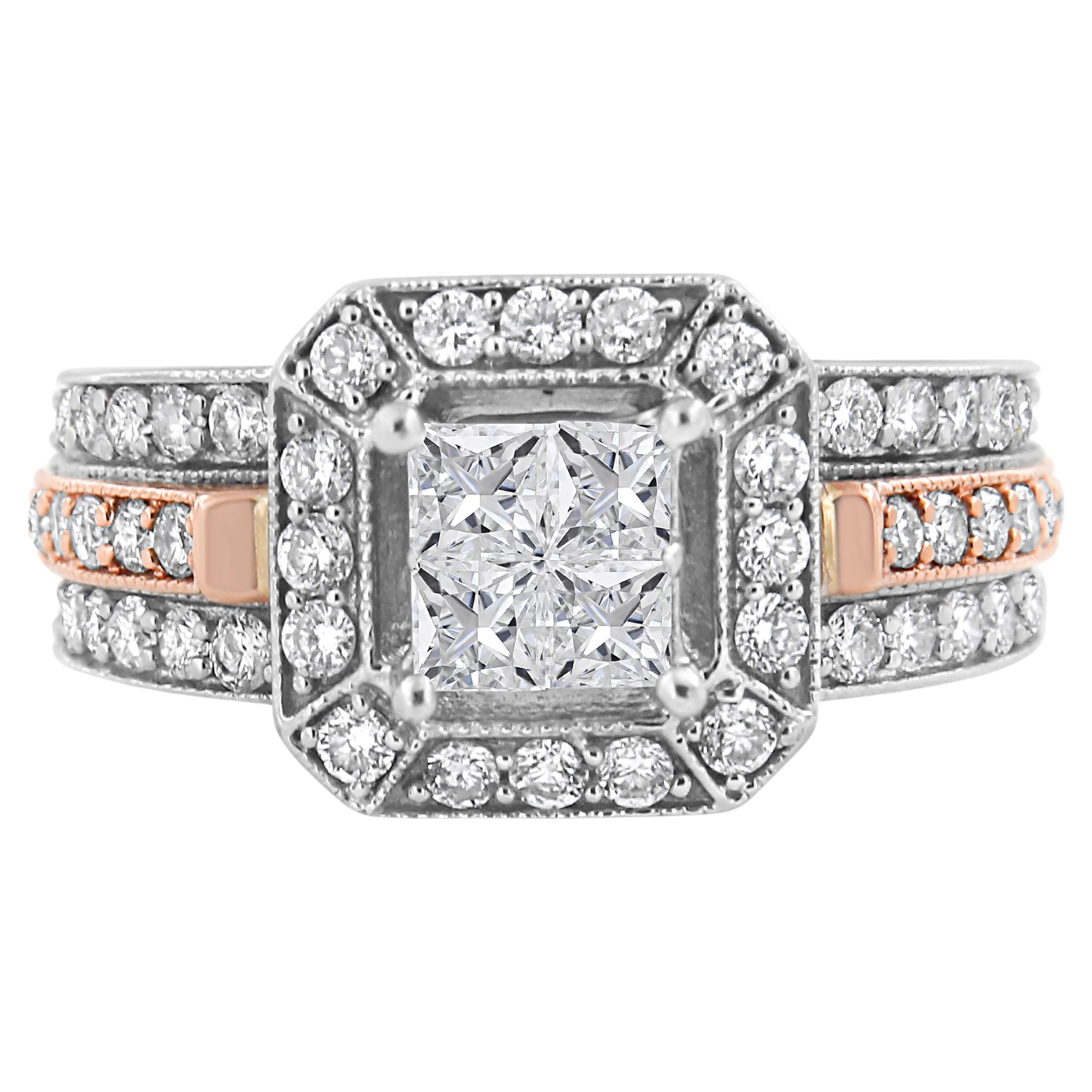 14K Two-Tone Gold 1 1/8 Cttw Diamond Art Deco Triple Shank Halo Cocktail Ring