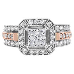 Anello da cocktail con diamante Art Deco a triplo gambo in oro 14K bicolore da 1 1/8 ctw