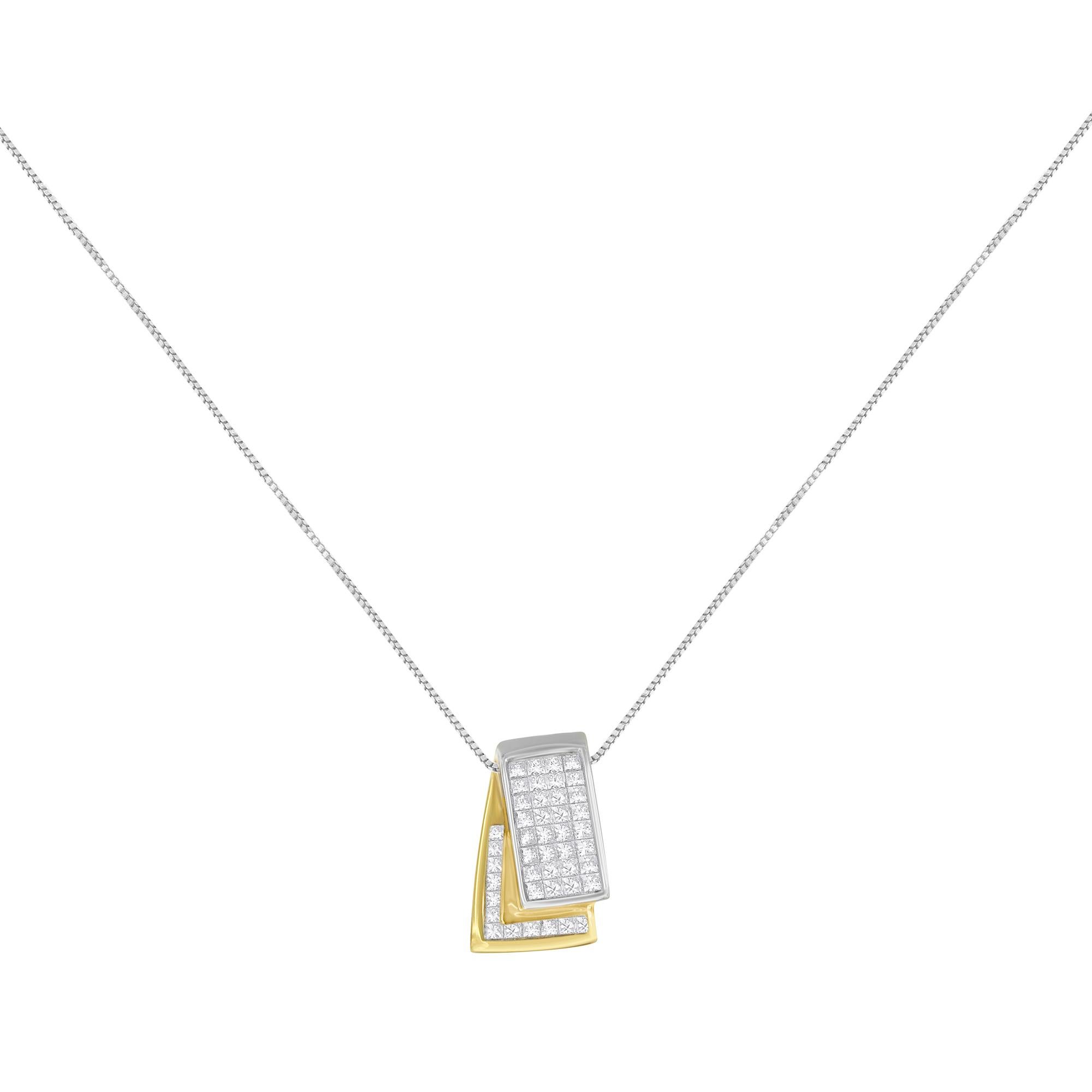 Elegant and timeless, this luxe pendant necklace boasts gorgeous princess cut diamonds in genuine 14K gold. The pendant features a dual rectangle foldover design with each rectangle filled from edge to edge with invisible set square stones. The