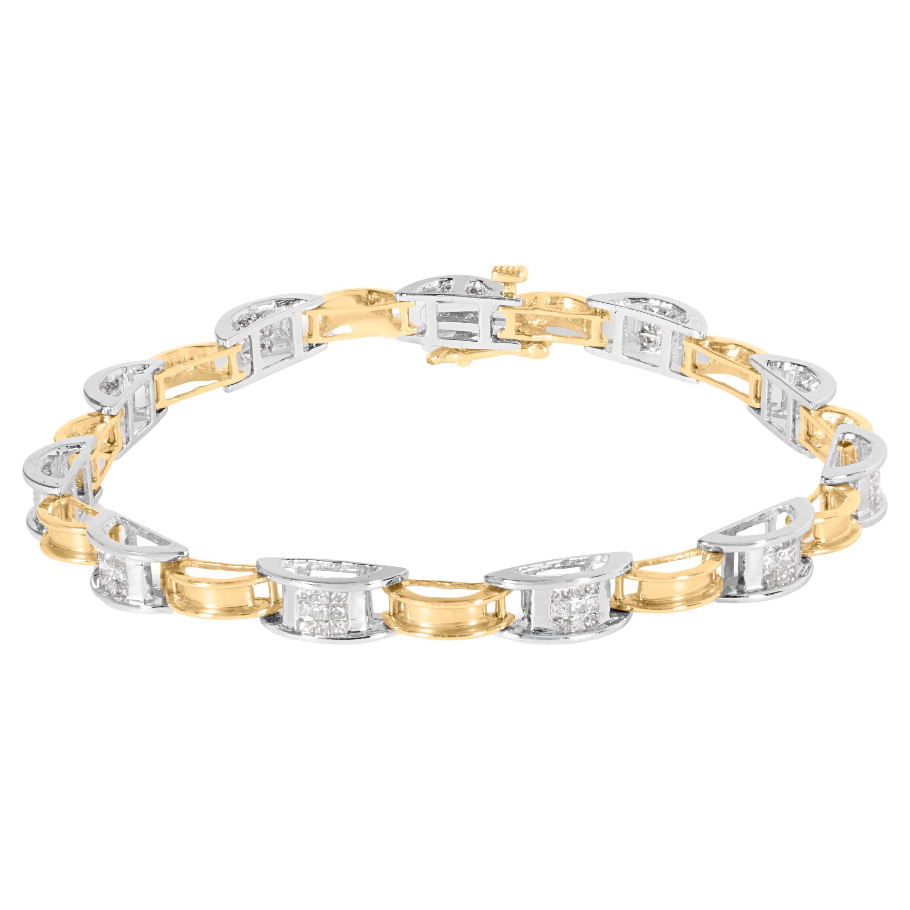 14K zweifarbiges Gold 1,00 Karat Diamantarmband mit Kette und Gliedern im Prinzessinnenschliff 7" im Angebot