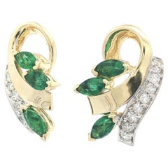 14k Two Tone Gold 1.67ctw Marquise Emerald & Round Diamond Drop Ribbon Earrings