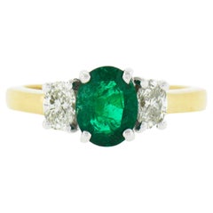 14k Two Tone Gold 1.84ctw Oval Emerald & Diamond Three 3 Stone Engagement Ring