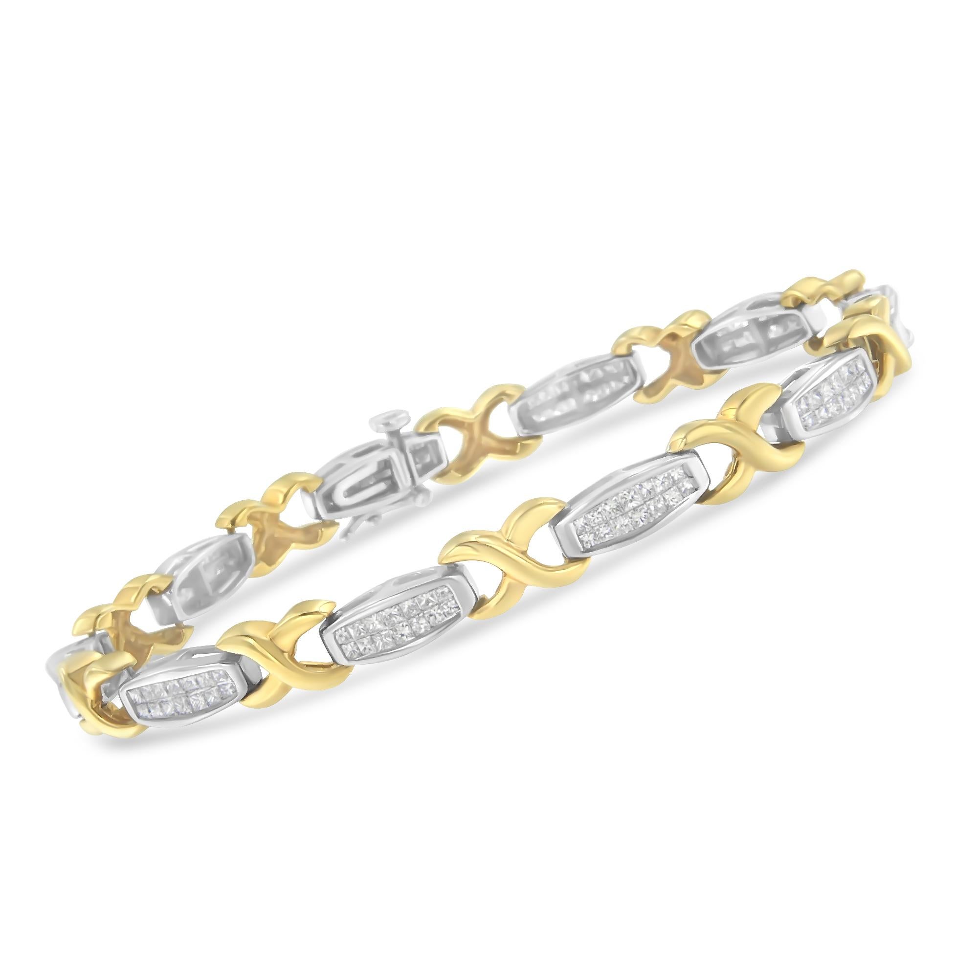 Pulsera de Tenis de Oro de Dos Tonos de 14k con Diamantes de Engaste Invisible de 2 Cttw y X-Link Corte princesa en venta